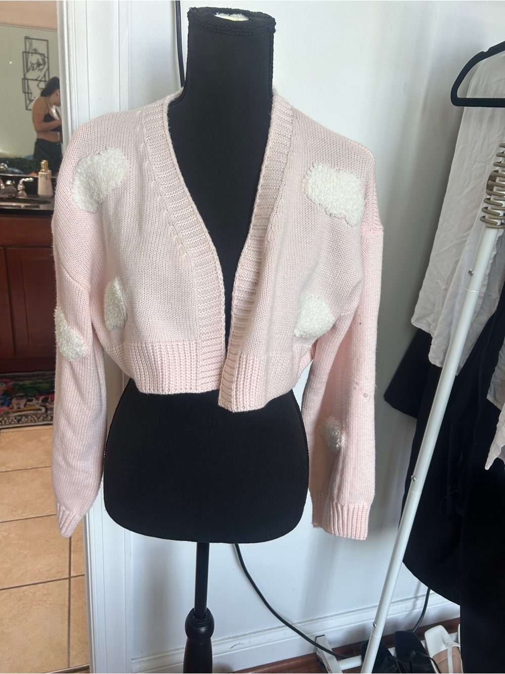 Pink Cropped Open-Front Sweater with Fuzzy Polka Dots